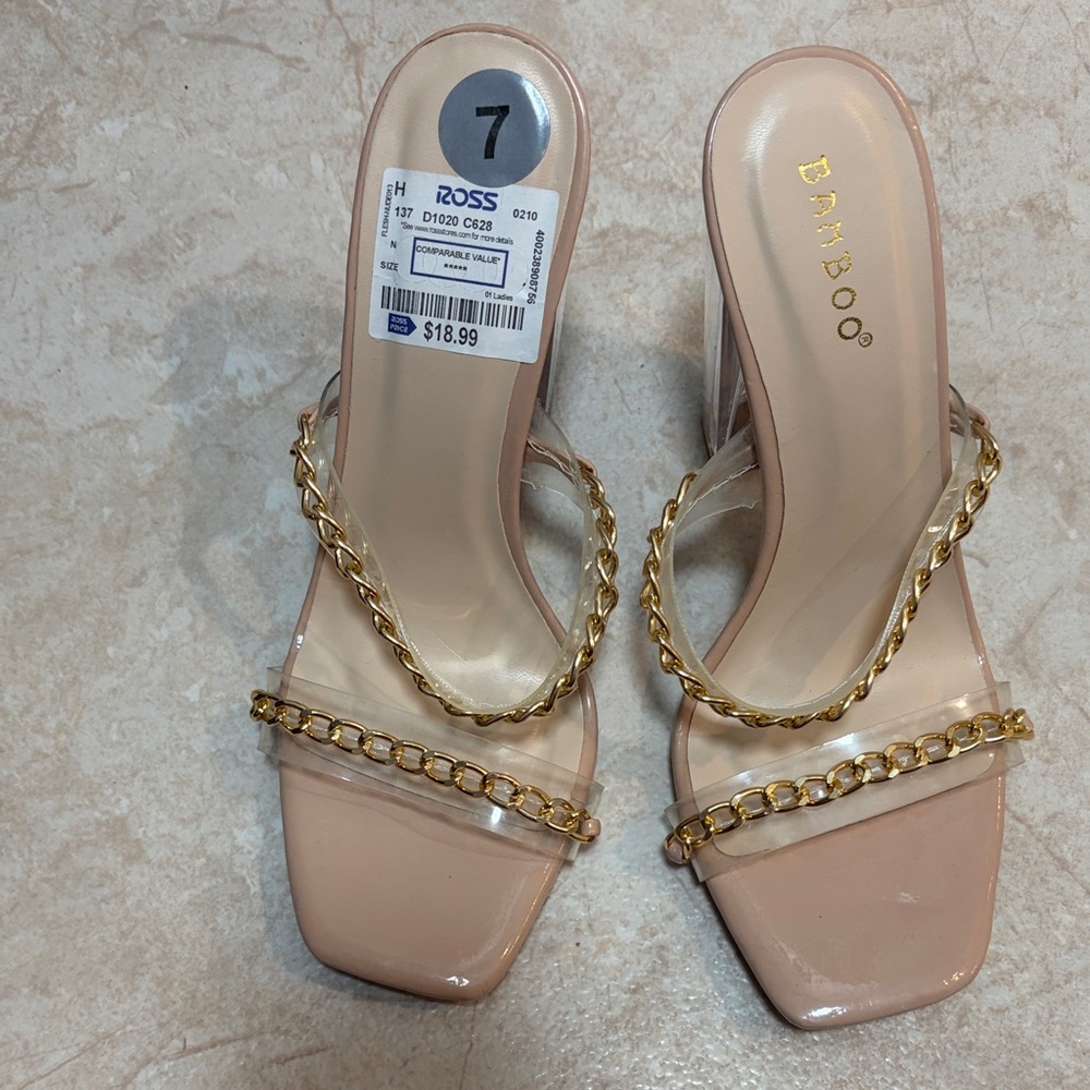 BAMBOO Beige and Gold Chain Heels